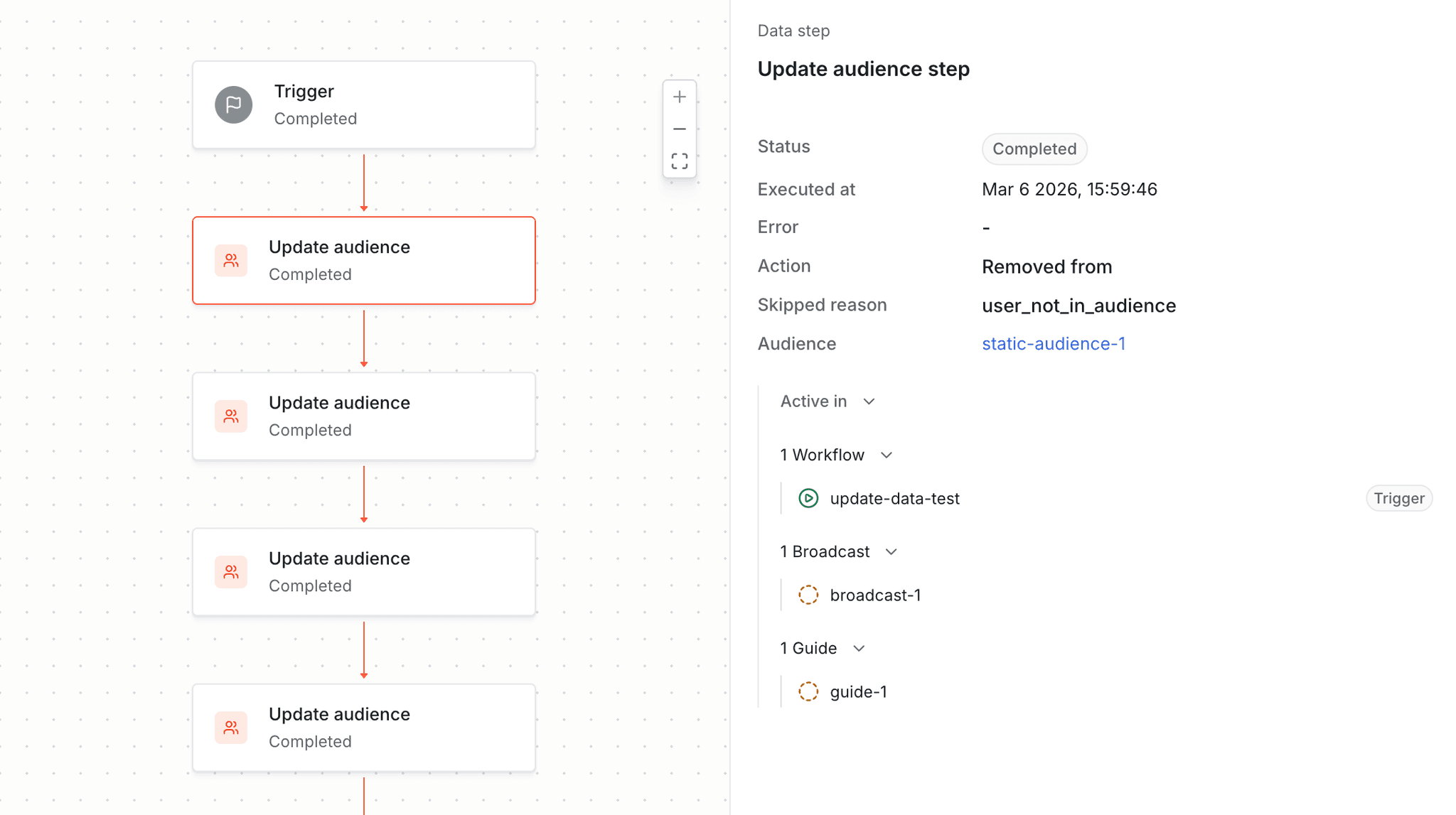 Viewing an update audience step in the workflow run logs.