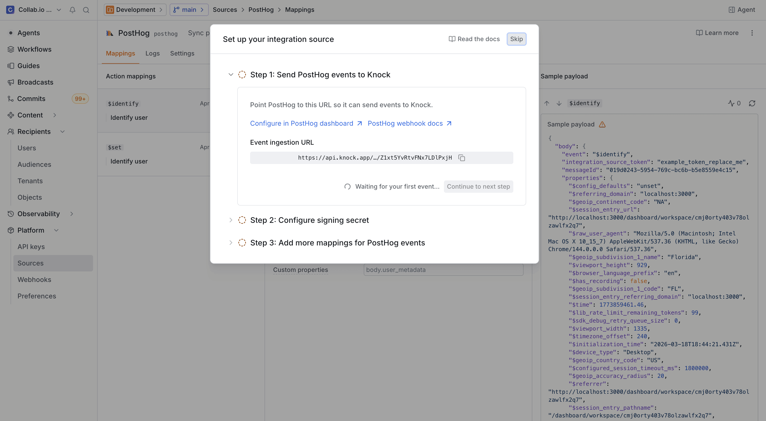 The PostHog source setup wizard showing the event ingestion URL to copy